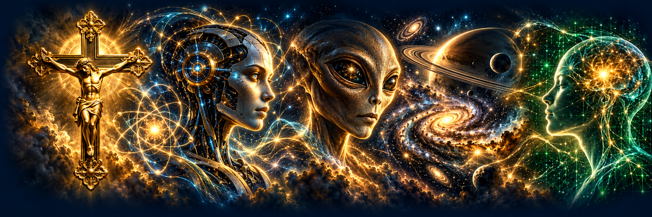 The four expeditions in order: a gold crucifix; artificial intelligence and quantum physics; extraterrestrial life, planets and galaxies; consciousness and a digital Matrix